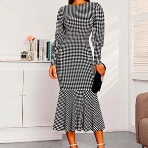 Houndstooth Mermaid Dress with Lantern Sleeves